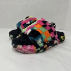 UGG Fluff Yeah  Rainbow Slides Tie Dye Fuzzy Slippers Girl's Size 13